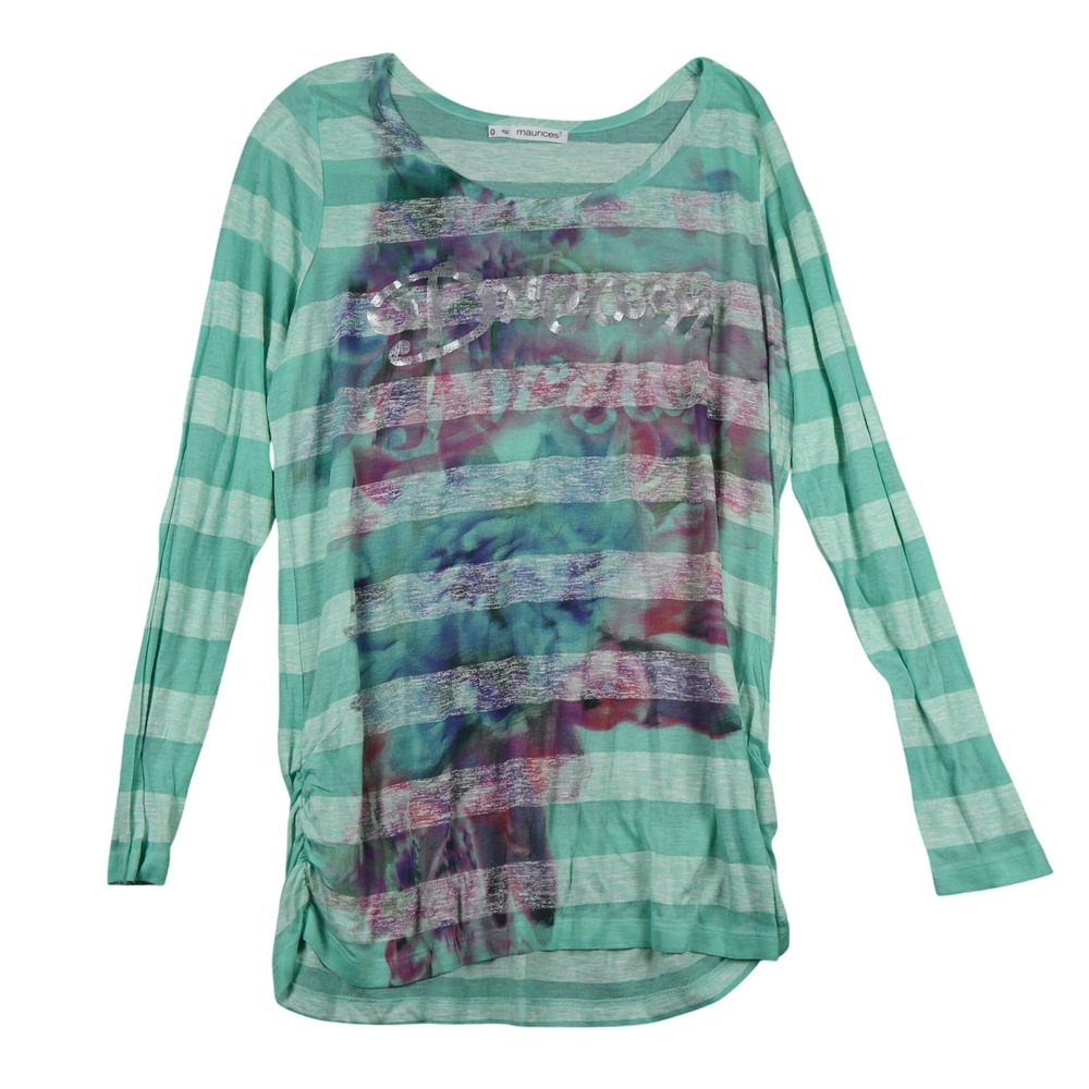 Y2K Vintage Stripe Long Sleeve Top Aqua Floral Print Metallic Dream Women Size 0